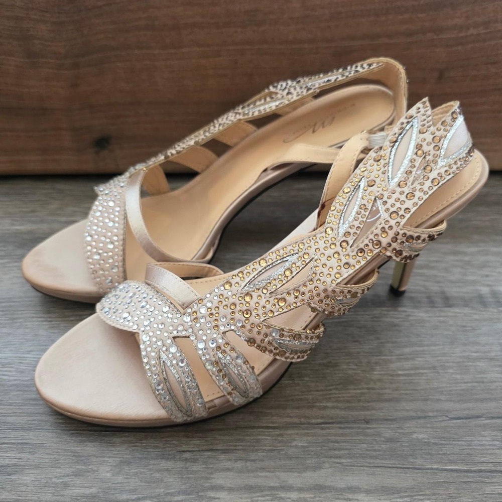 Midnight Velvet Gold Rhinestone Side Leaf Sparkle Stiletto Sandals 10M